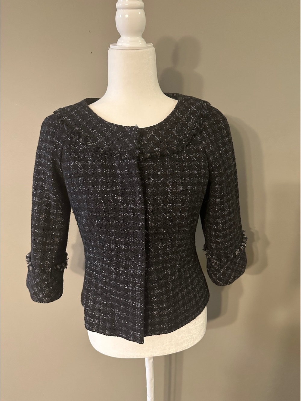Women's Black Tweed Button-Up Jacket with Frayed Trim and 3/4 Sleeves